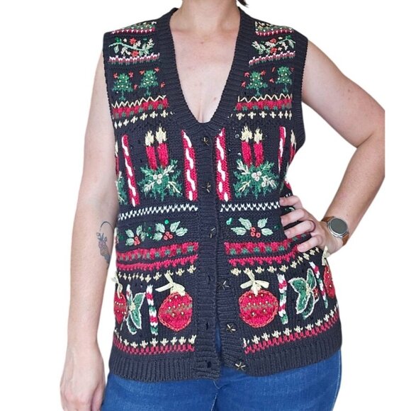 Vintage Tiara International Christmas Holiday Knit Sweater Vest Womens Size L - Picture 1 of 7